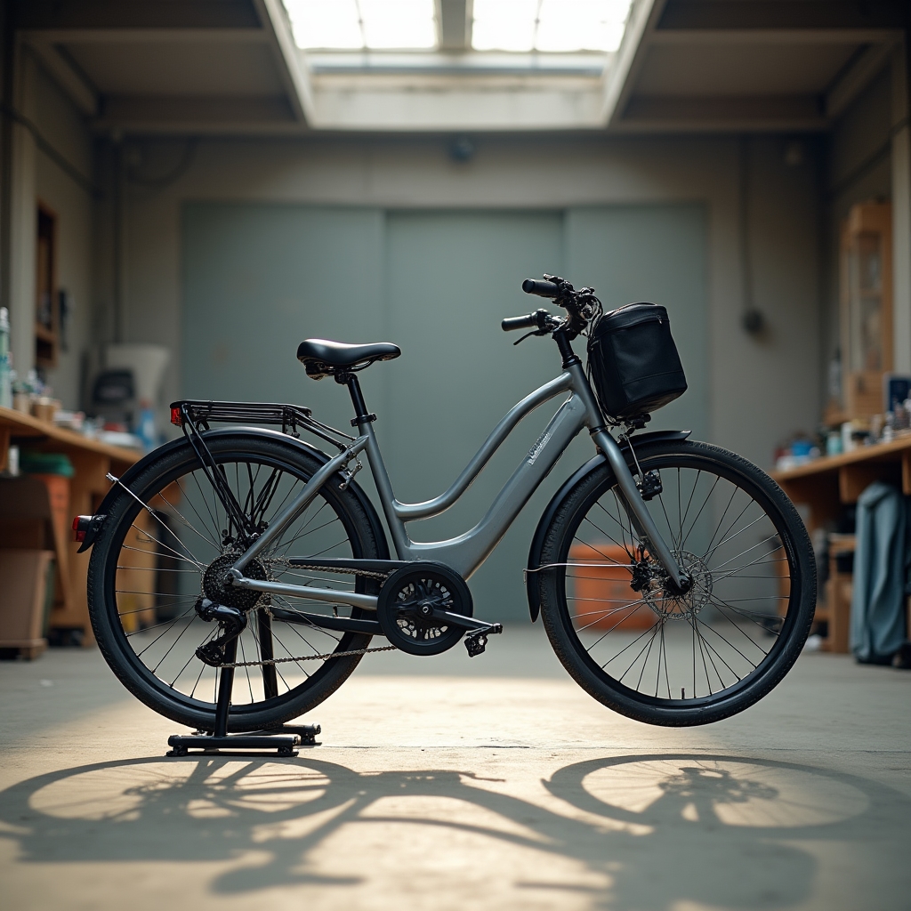 Commuter bicycle with panniers secured on a repair stand mid tune-up