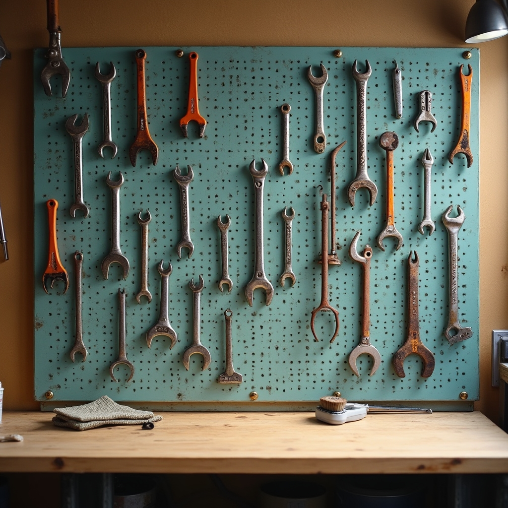 Wall-mounted wrenches, spoke tools, and cable cutters arranged above a bicycle workbench